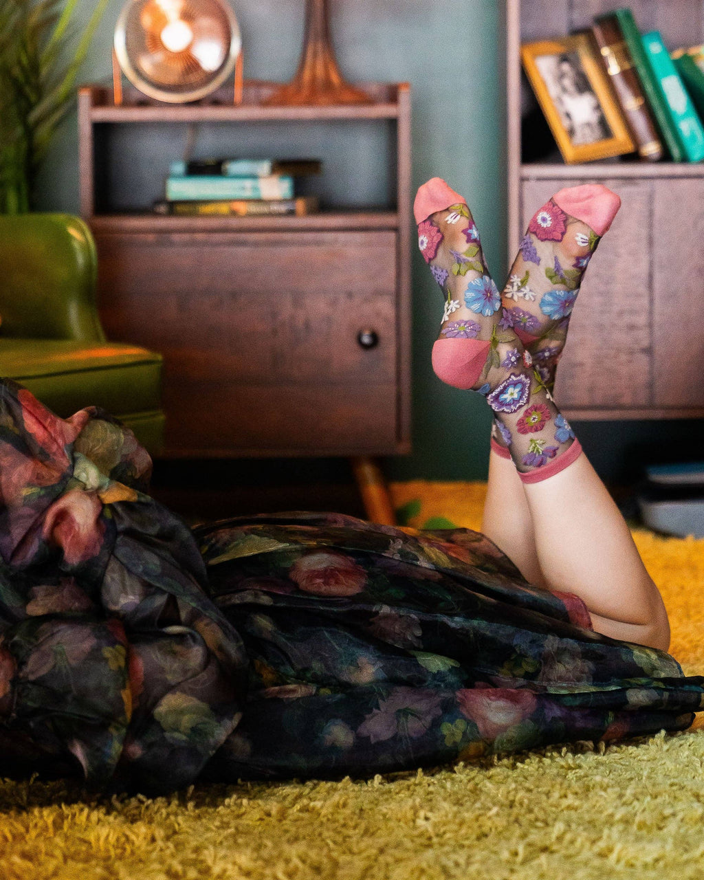 Dark Florals Black Sheer Crew Sock