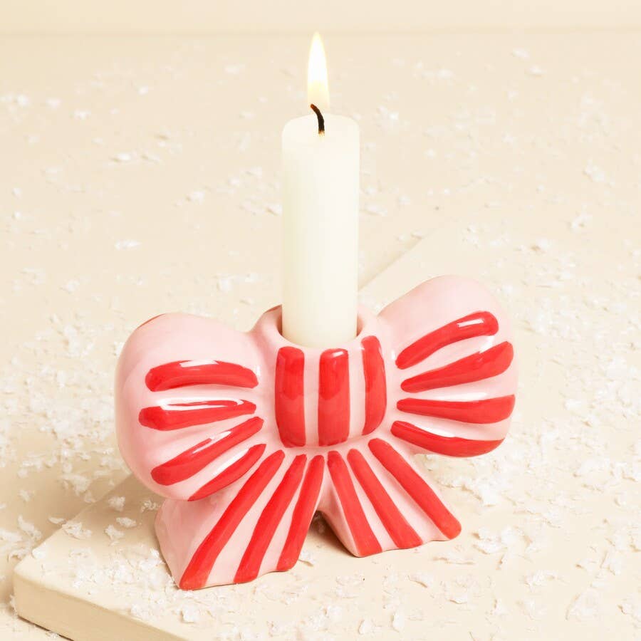 Pink and Red Stripe Bow Ceramic Candle Holder