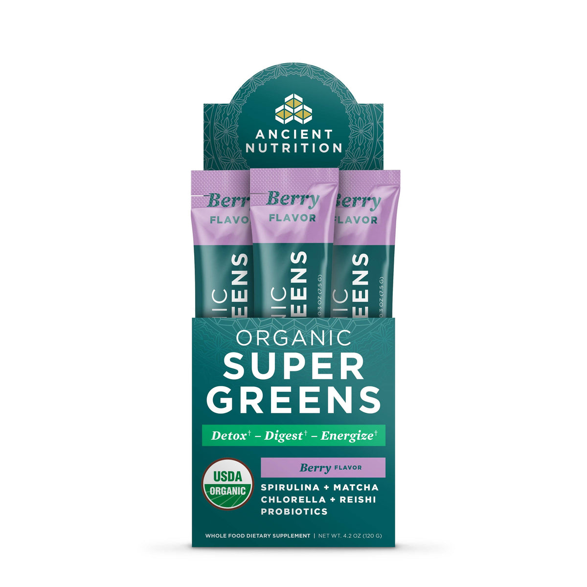 Organic SuperGreens Stick Packs | Powder Berry Flavor 16 Count Box