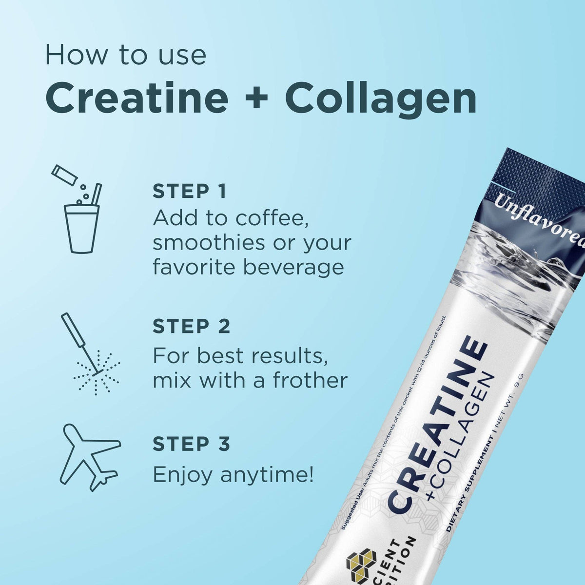Creatine + Collagen Stick Packs | Powder Unflavored (14 Servings)
