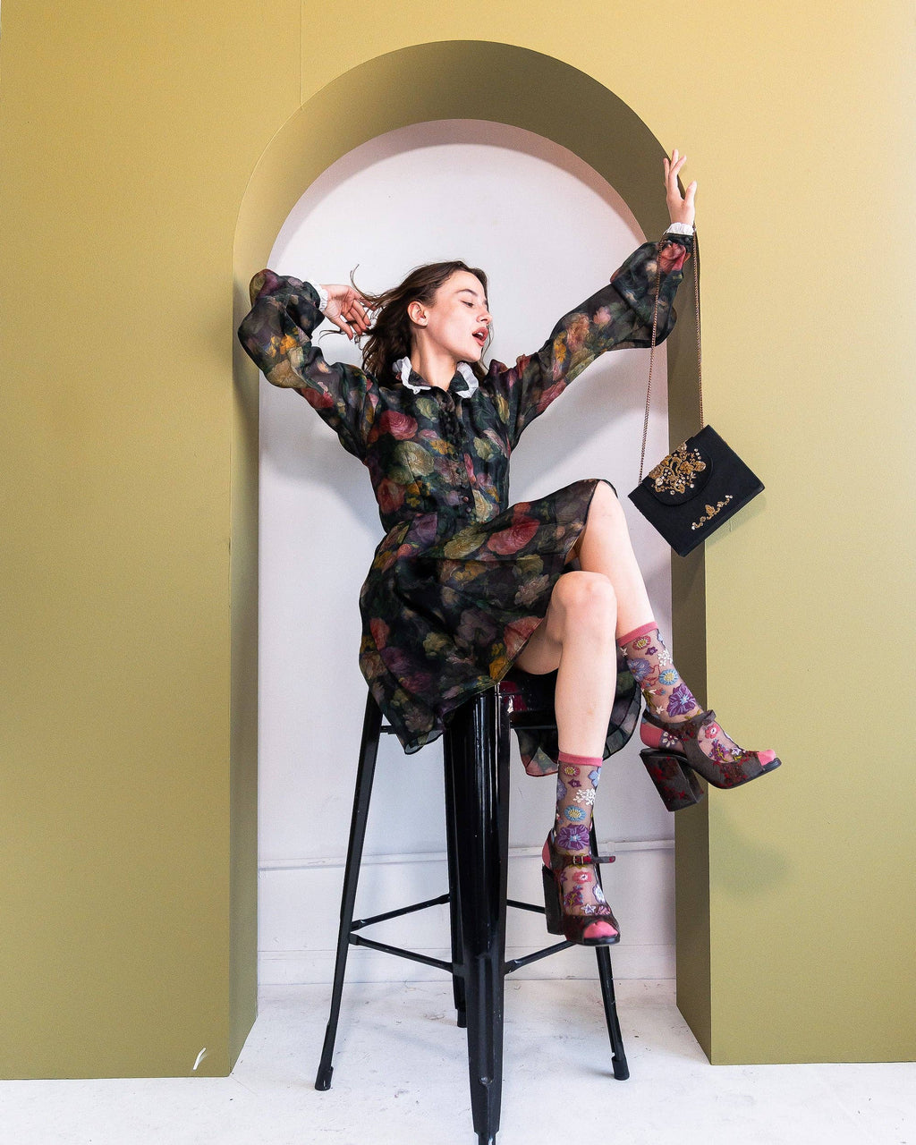 Dark Florals Black Sheer Crew Sock