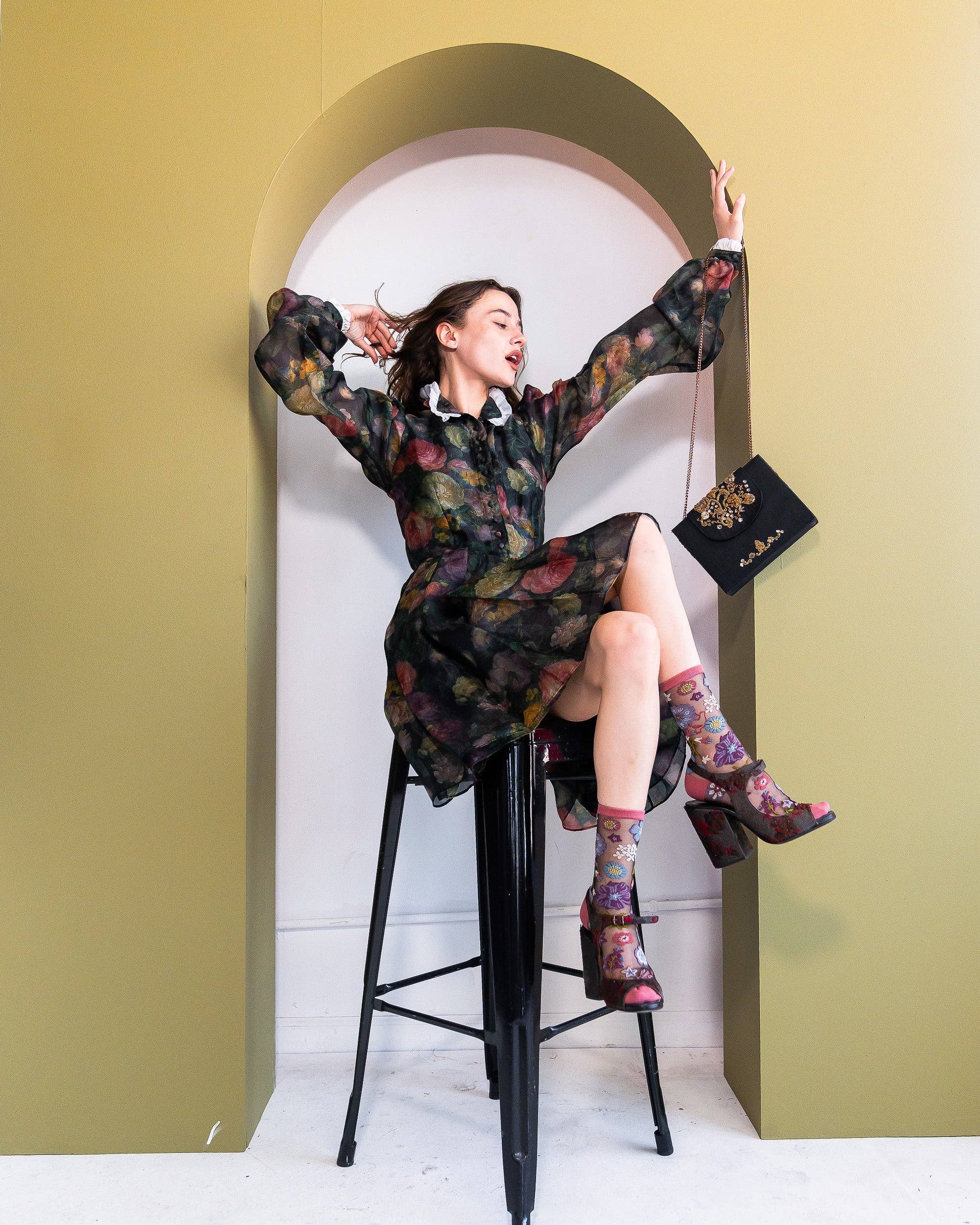 Dark Florals Black Sheer Crew Sock