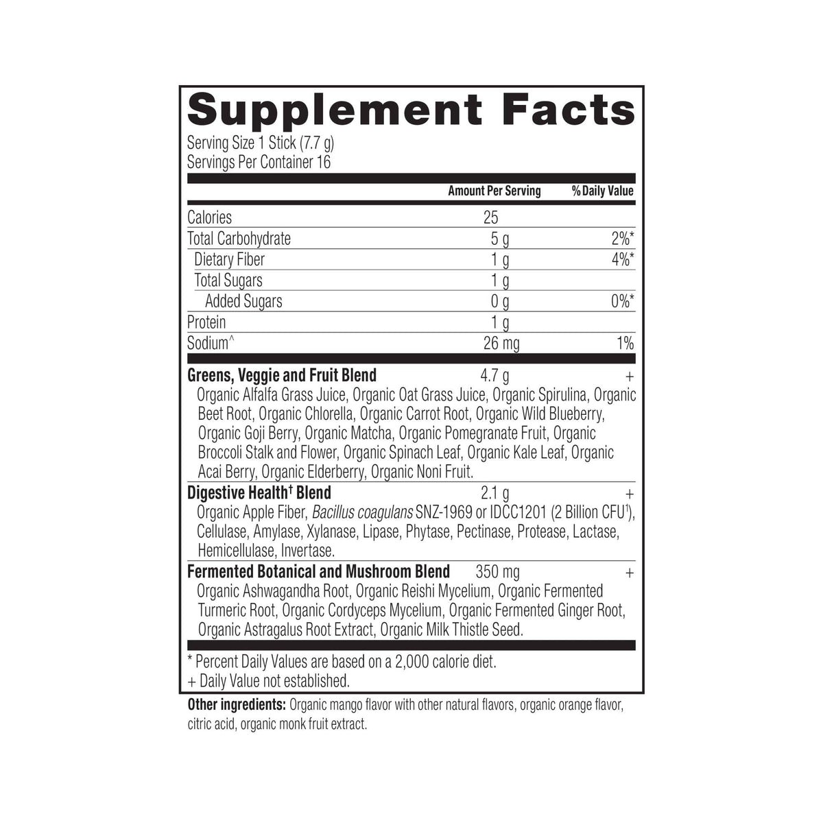 Organic SuperGreens Stick Packs | Powder Mango Flavor 16 Count Box