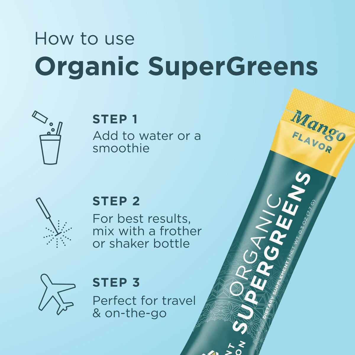 Organic SuperGreens Stick Packs | Powder Mango Flavor 16 Count Box