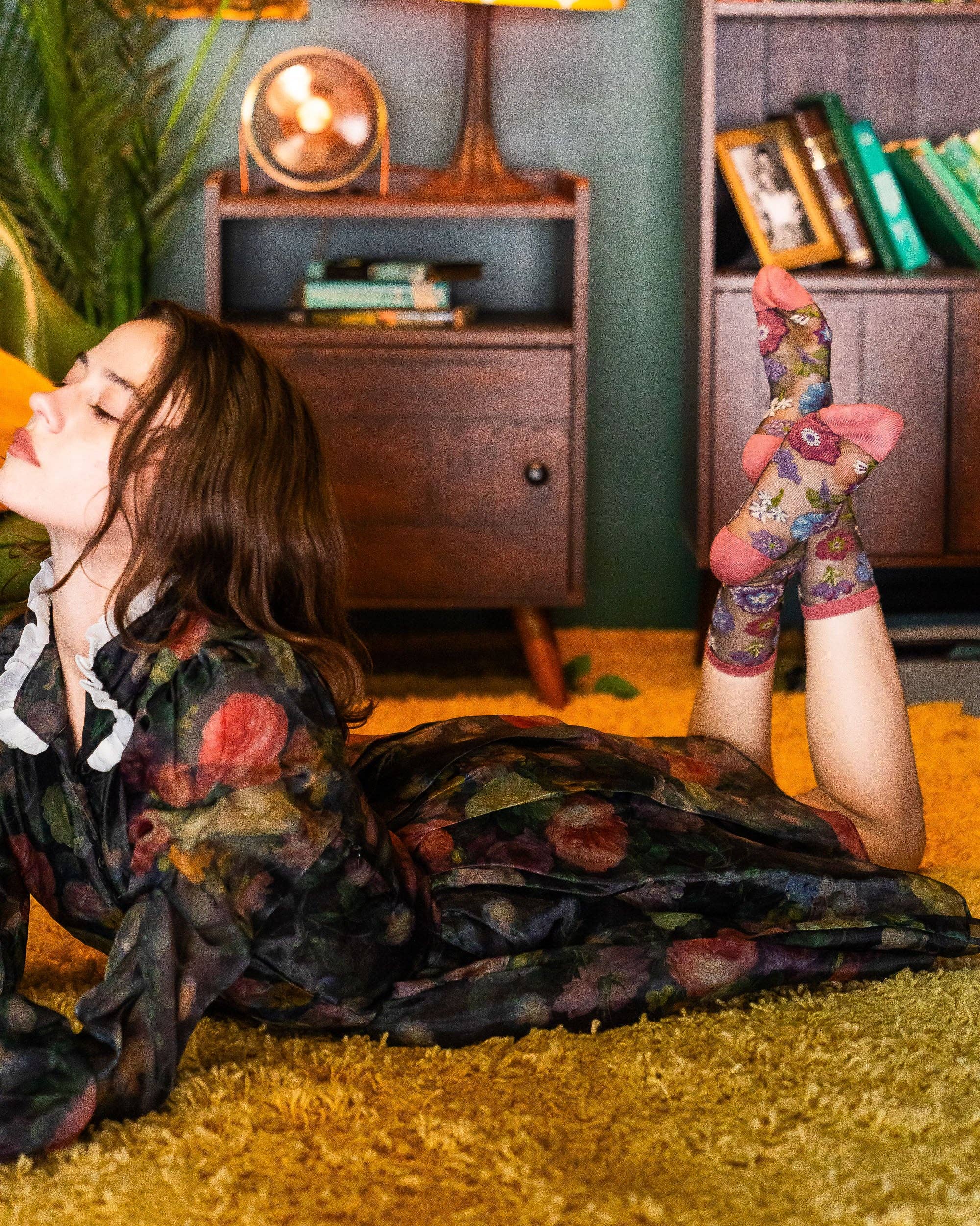 Dark Florals Black Sheer Crew Sock