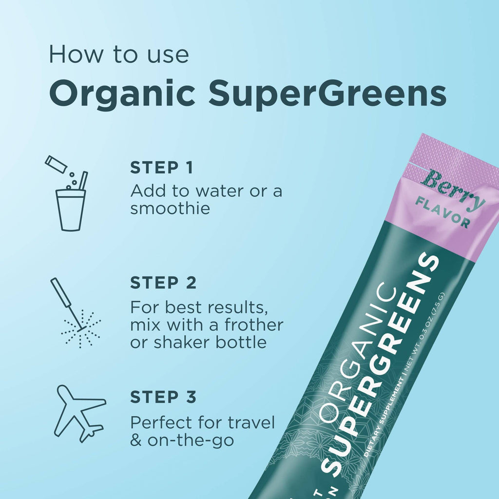 Organic SuperGreens Stick Packs | Powder Berry Flavor 16 Count Box