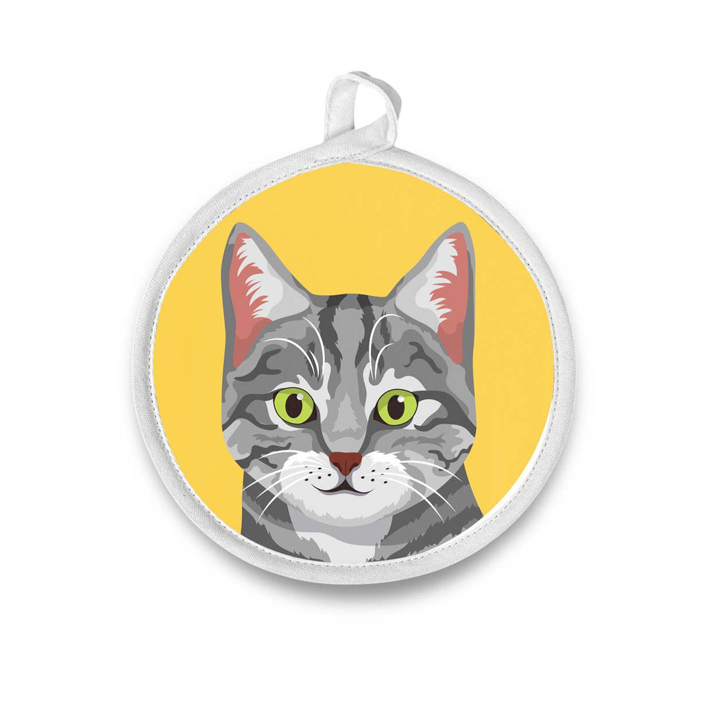 Modern Gray Tabby Kitty Cat Round Potholder / Hot Pad  