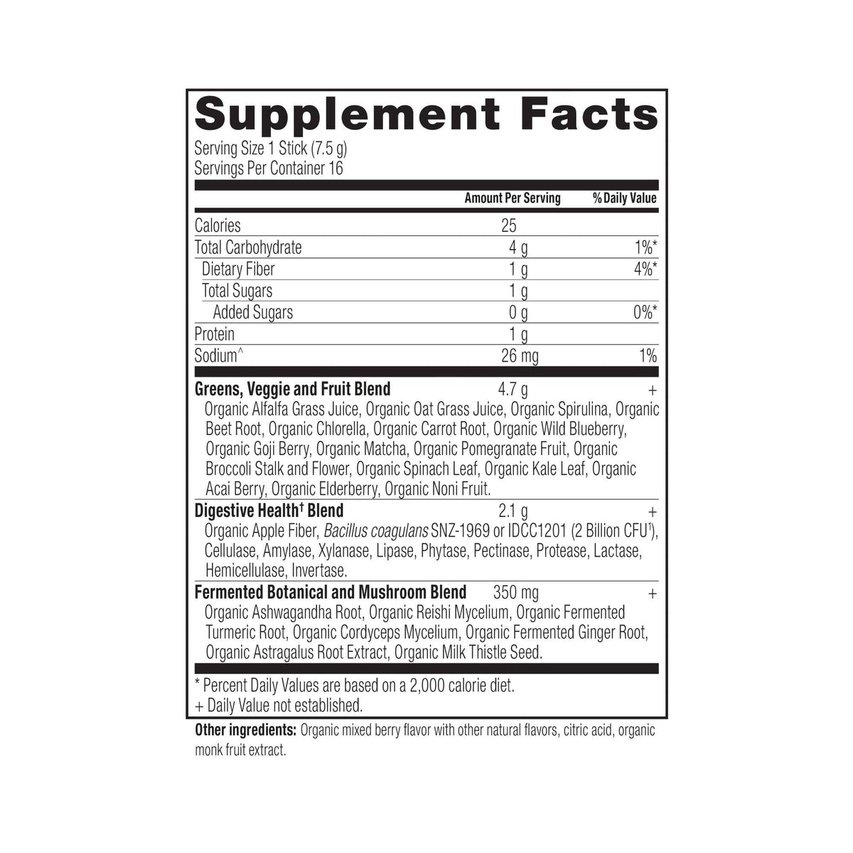 Organic SuperGreens Stick Packs | Powder Berry Flavor 16 Count Box