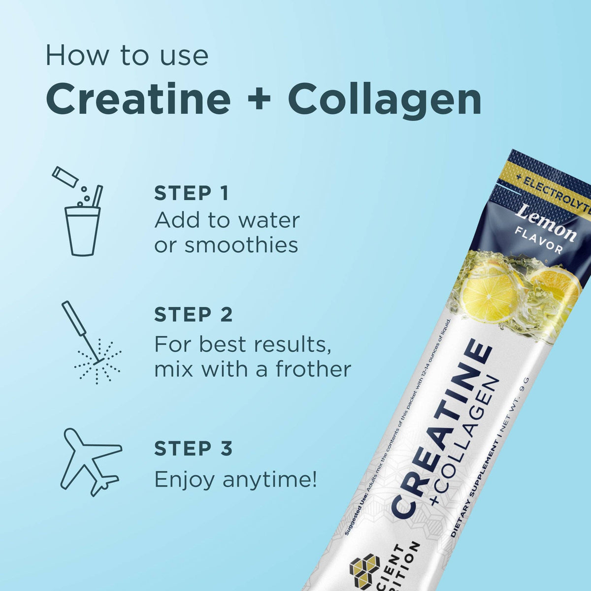 Creatine + Collagen + Electrolytes Stick Packs | Powder Lemon (14 Servings)
