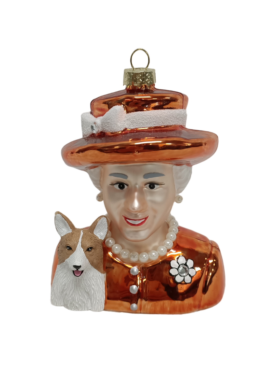 Queen Elizabeth w. Corgi - Gloss Orange Dress Glass Ornament