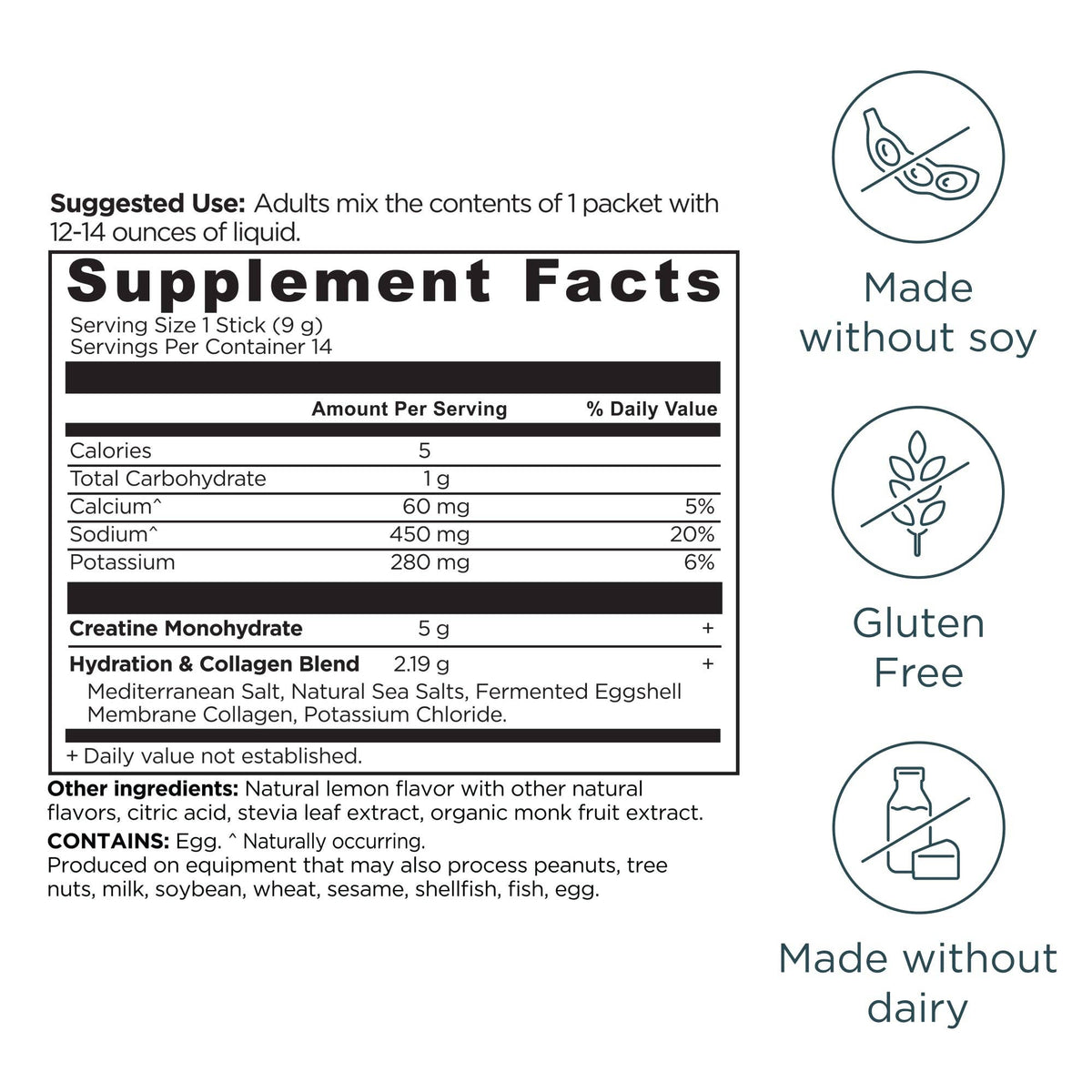 Creatine + Collagen + Electrolytes Stick Packs | Powder Lemon (14 Servings)