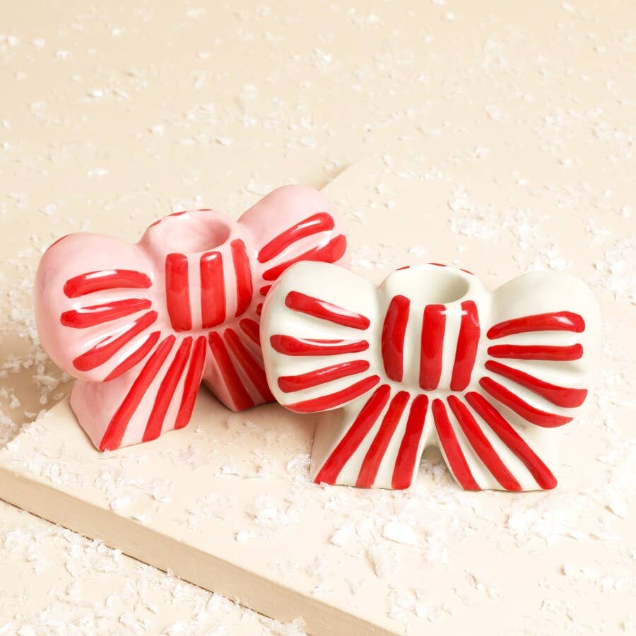 Pink and Red Stripe Bow Ceramic Candle Holder