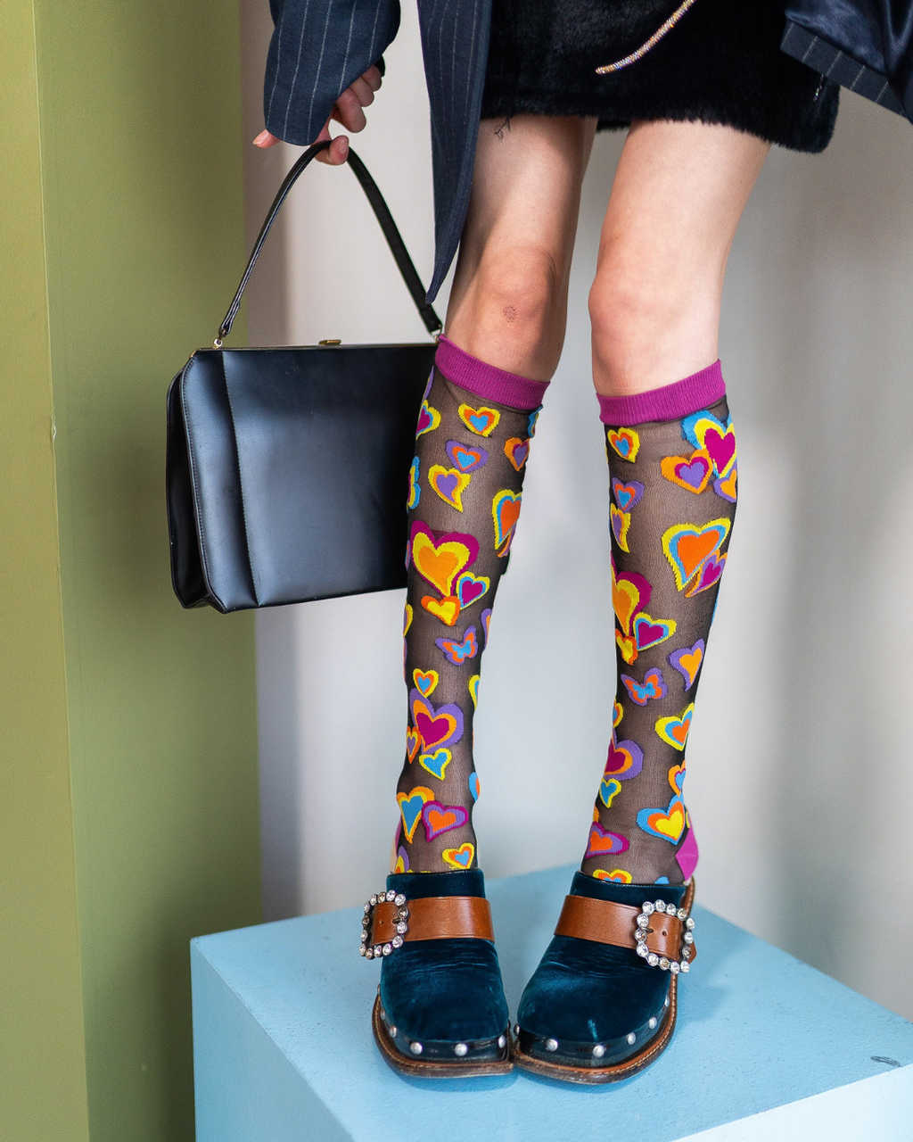Y2K Hearts Black Sheer Knee High Sock