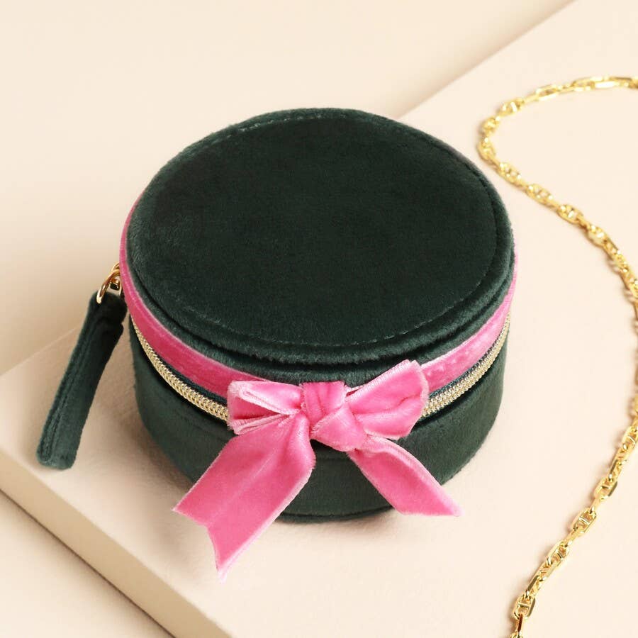 Green and Pink Velvet Bow Mini Round Jewellery Case